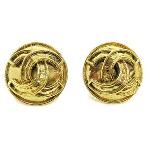 CHANEL CC Button Motif Earrings Gold-Tone Clip-On